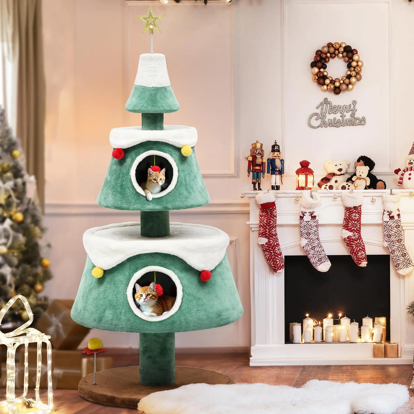 YITAHOME 63" Christmas Cat Tree with Cat Teaser Toy Cat Tower for Indoor Cats with 2 Cat House Christmas Tree Design with Plush Ball for 2 Cat