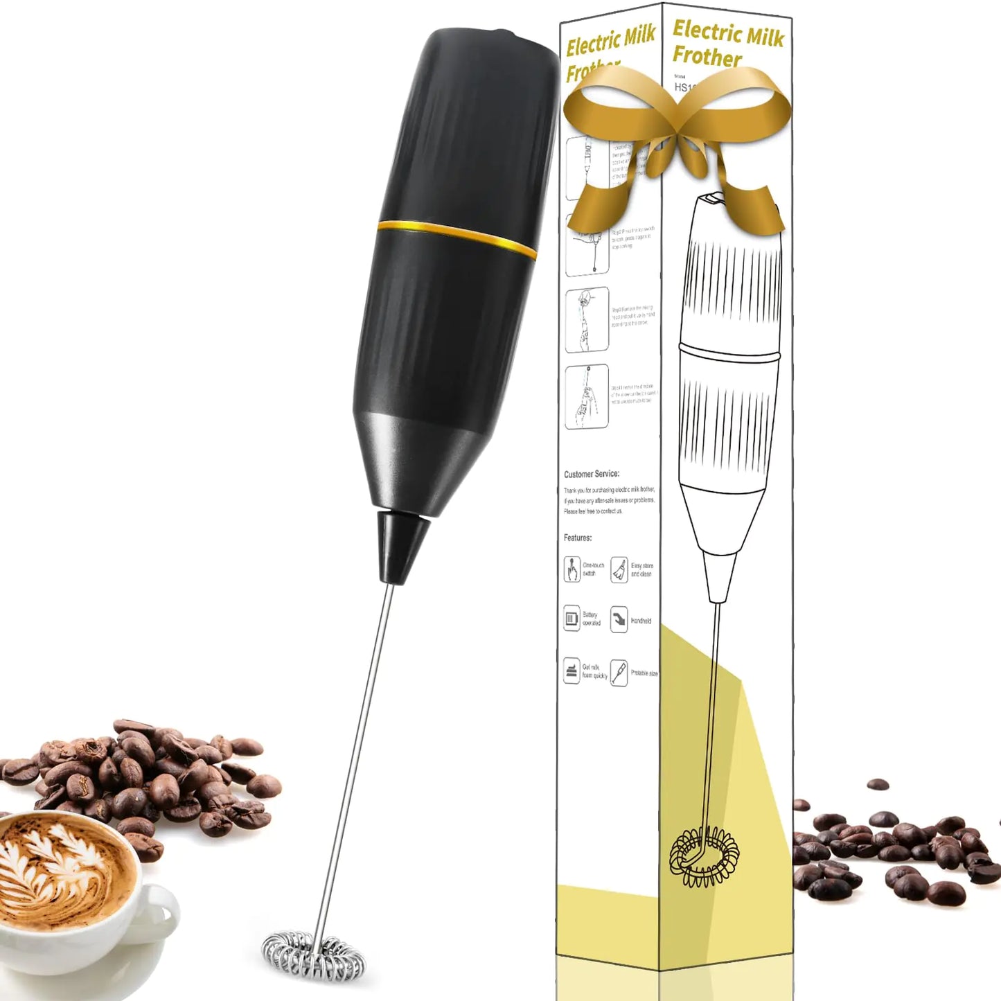 Milk Frother HandheldMini Drink Mixer and Coffee Blender Frother for Coffee Bar Accessories Matcha WhiskLatte Cappuccino Frappe Hot Chocolate EggKitchen Essentials Gift (Black)