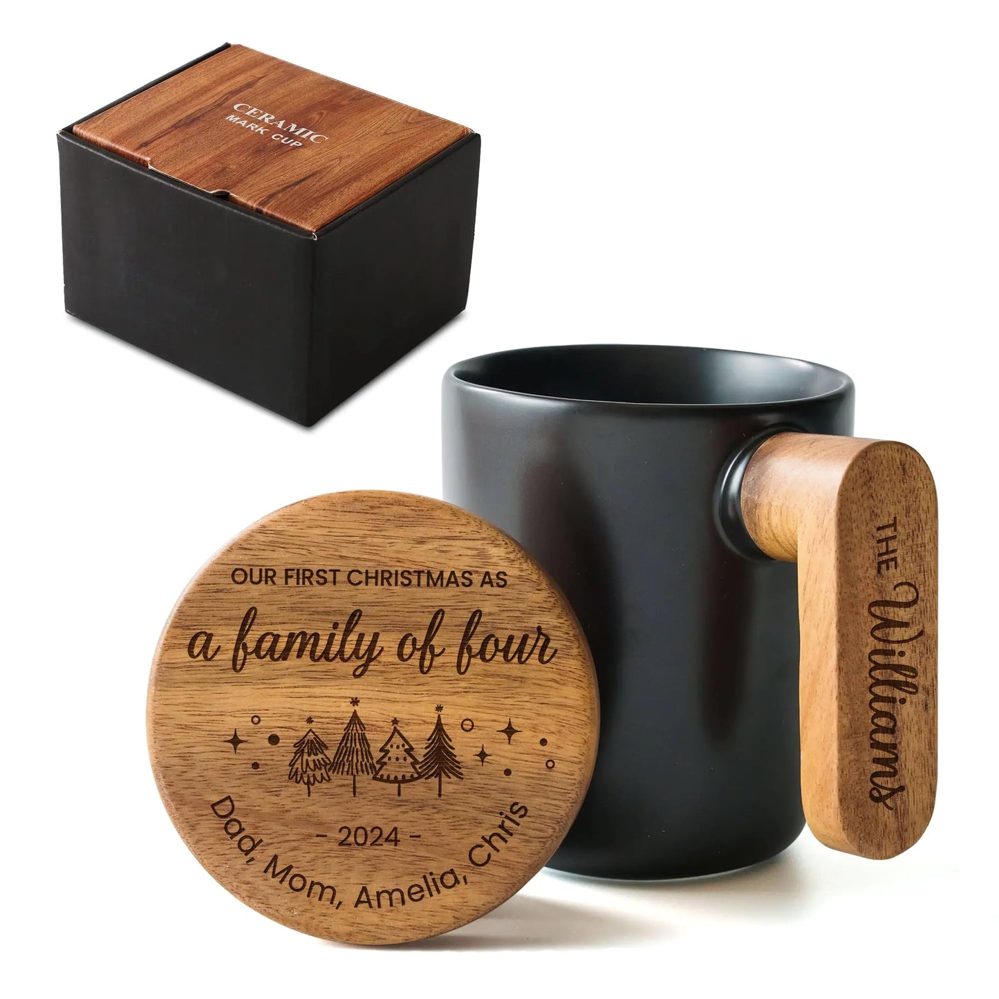 Custom Vibes Engraved Ceramic Coffee Mug with Acacia Wood Handle & Lid 12 oz Personalized Cup for Hot and Cold Drinks Unique Gift with Stylish Packaging - Black